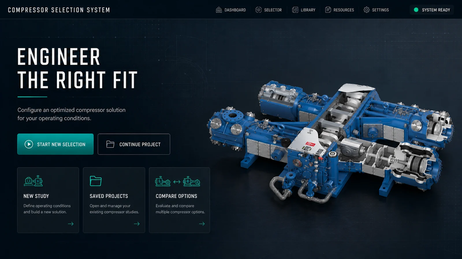 Compressor Selection System home screen: an 'Engineer the right fit' hero with a cutaway reciprocating compressor render and options to start a new study, open saved projects or compare options.