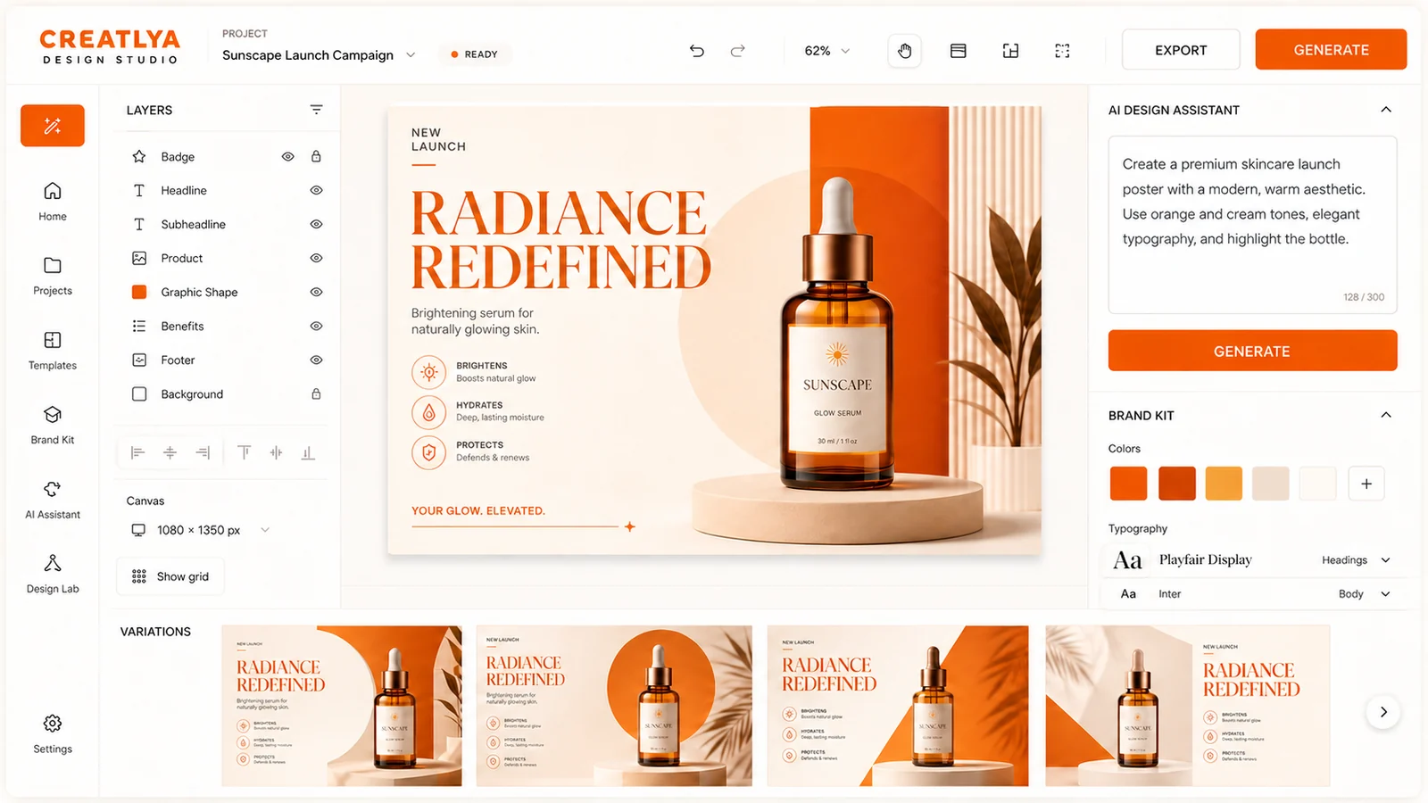 Createlya design studio: a layered poster canvas for a skincare launch, with a layers panel, an intelligence design assistant prompt, a brand kit of colours and typography, and generated layout variations.